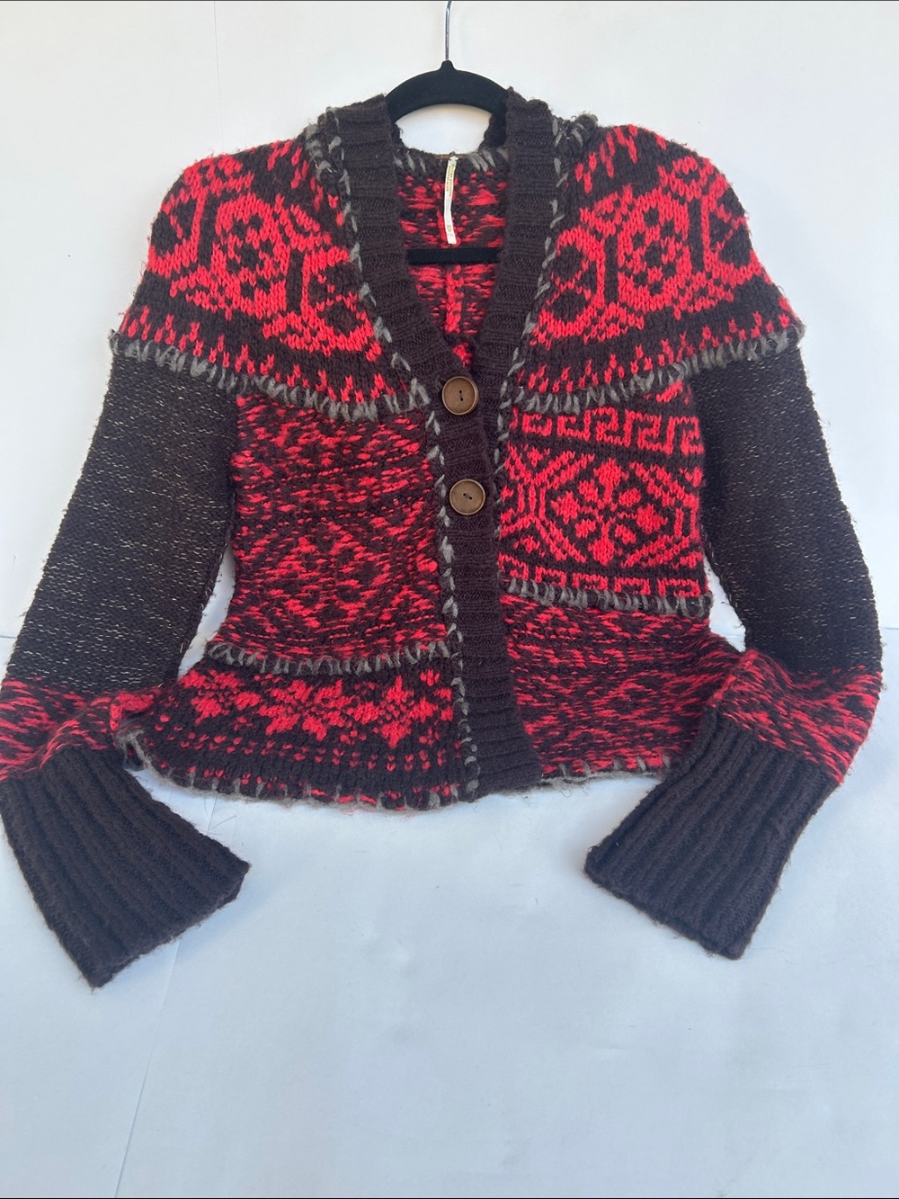 Free People Red and Brown Patterned Knit Button Cardigan